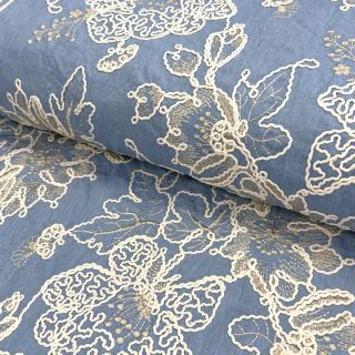 Țesătură din bumbac JEANS EMBROIDERY Bouquet light blue