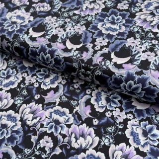 Țesătură din bumbac SATIN Dark flowers black digital print