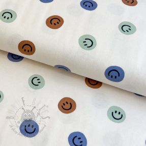 Țesătură din bumbac FLANNEL Happy faces off white green
