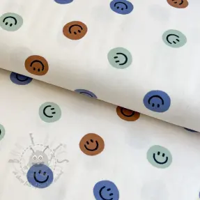 Țesătură din bumbac FLANNEL Happy faces off white green
