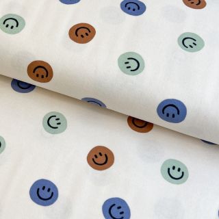 Țesătură din bumbac FLANNEL Happy faces off white green