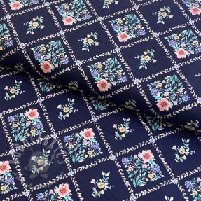 Țesătură din bumbac Flowers Tara navy design A digital print