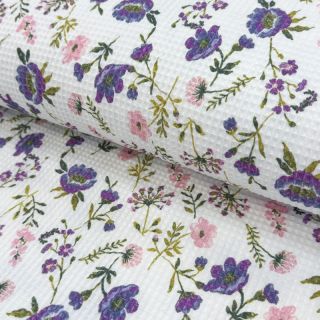 Țesătură din bumbac waffle Flowers white digital print