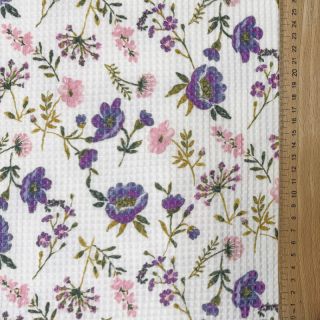 Țesătură din bumbac waffle Flowers white digital print