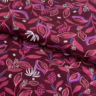 Țesătură din bumbac Leaves bordeaux digital print