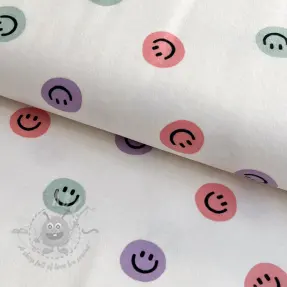 Țesătură din bumbac FLANNEL Happy faces off white lilac