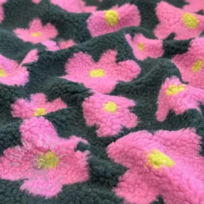 Stofă palton TEDDY JACQUARD Flowers army green/pink
