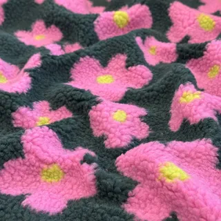 Stofă palton TEDDY JACQUARD Flowers army green/pink