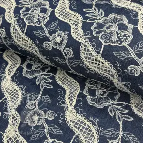 Țesătură din bumbac JEANS EMBROIDERY Flora design A